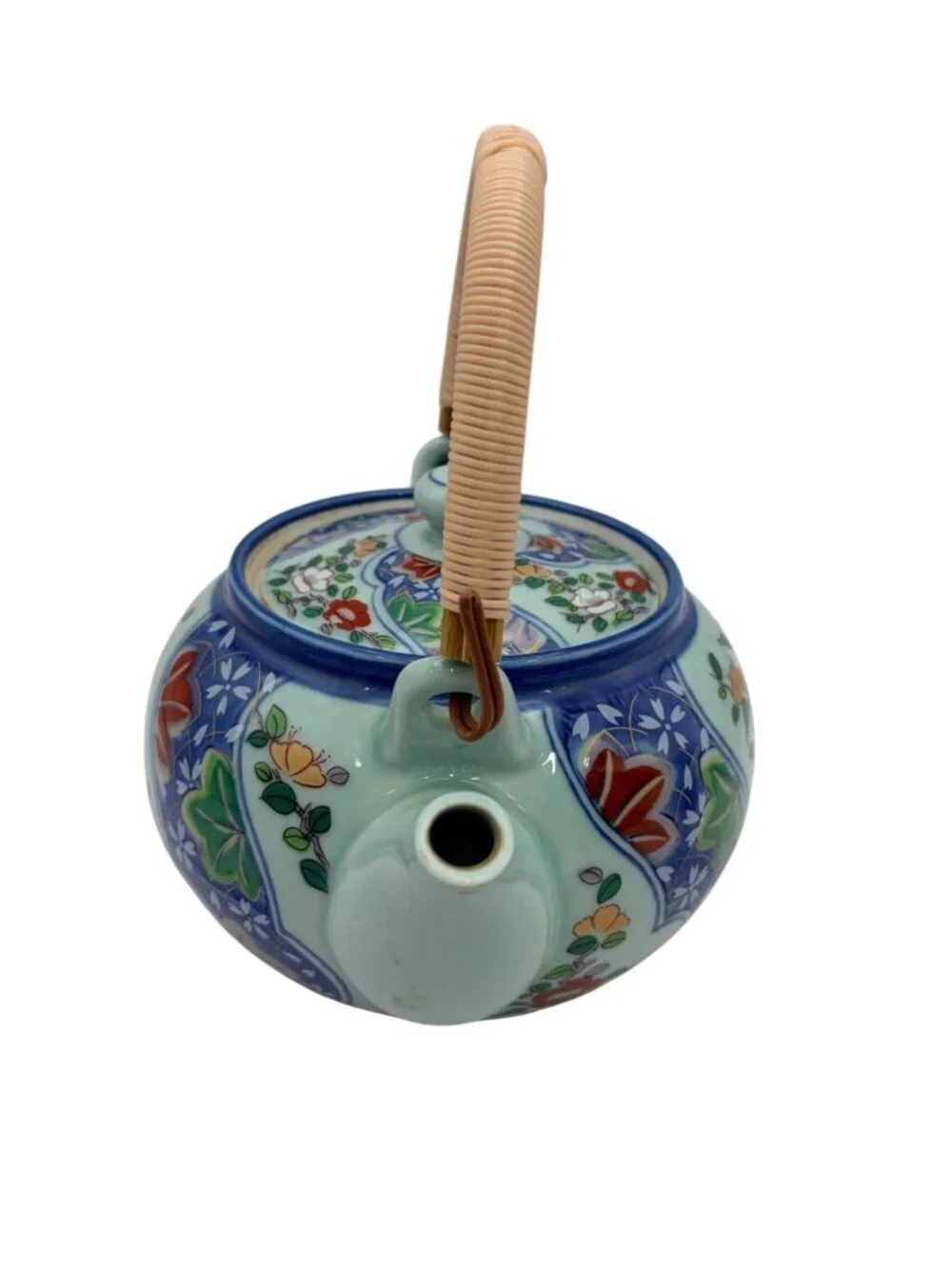 Arita Japan Kyusu Teapot Hand Painted Floral Porcelain Rattan Handle 6.25”